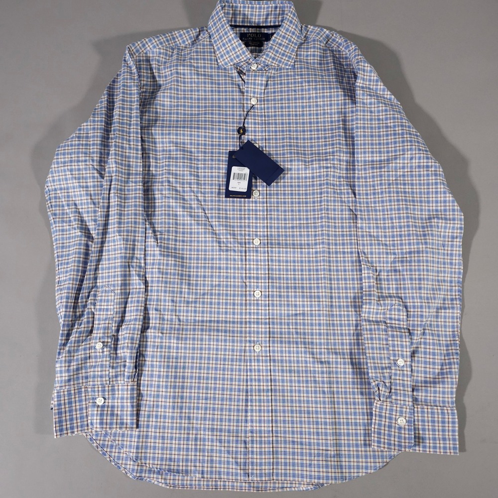 Polo Ralph Lauren Button Down Mens Large Blue Orange Plaid Cotton Stretch NWT